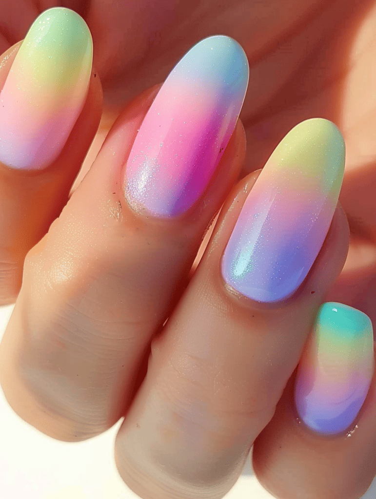 ombre nail design. pastel rainbow colors transition