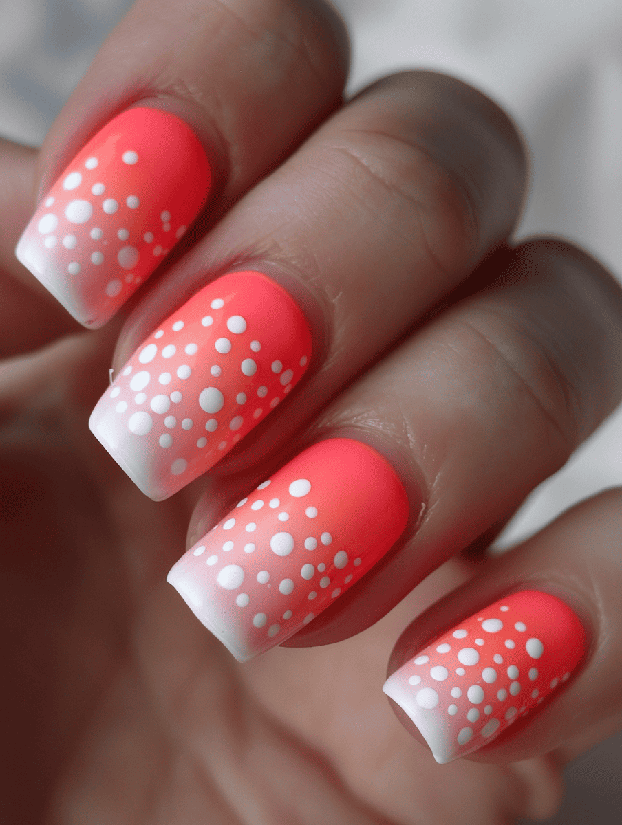 neon nail art. neon coral ombre with white polka dots