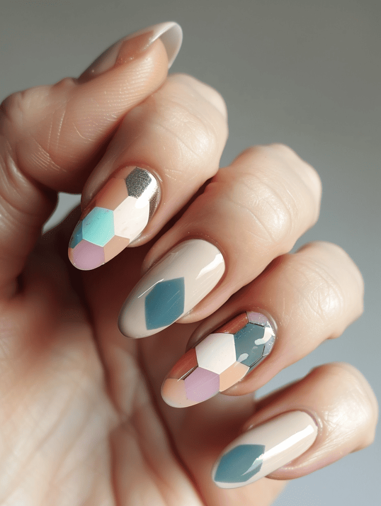 geometric nail art with pastel hexagons