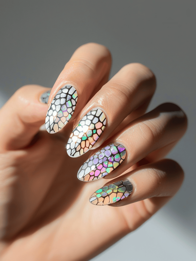 geometric nail art with holographic circles on white