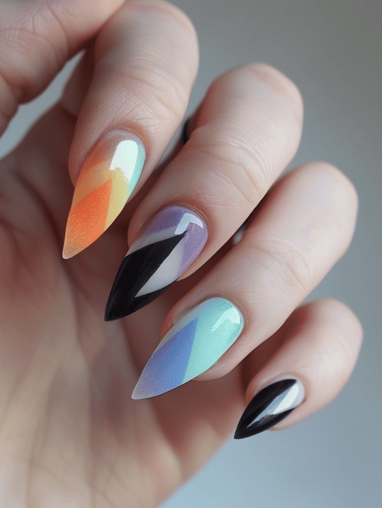 geometric nail art with pastel gradients and geometric shapes
