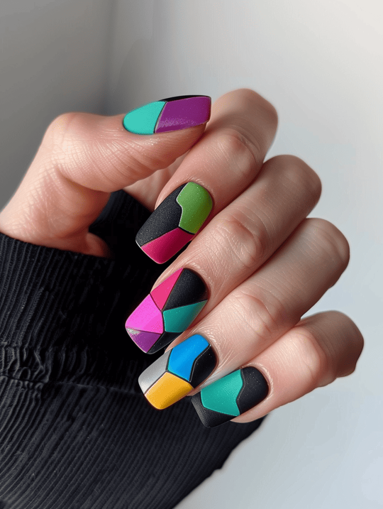 geometric nail art with a 3D cube illusion on matte nails