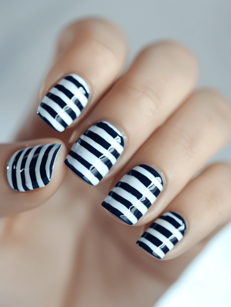 Stripe nail design with nautical blue and white stripes