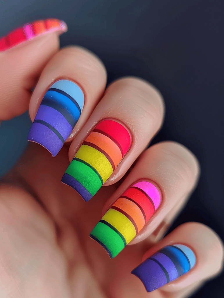 Stripe nail design with horizontal rainbow stripes and a matte finish