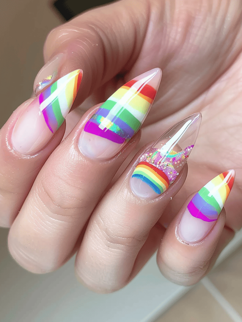 Stripe nail design with rainbow stripes on a clear base