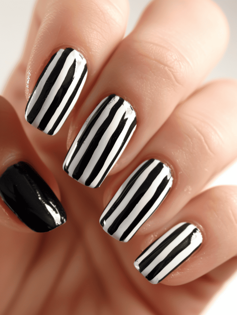 Stripe nail design with black and white vertical stripes