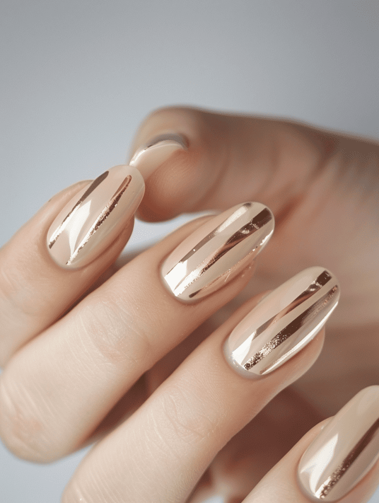 Stripe nail design with gold foil stripes over nude nails