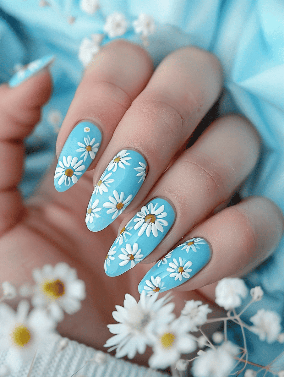 floral nail design with pastel blue background and white daisies