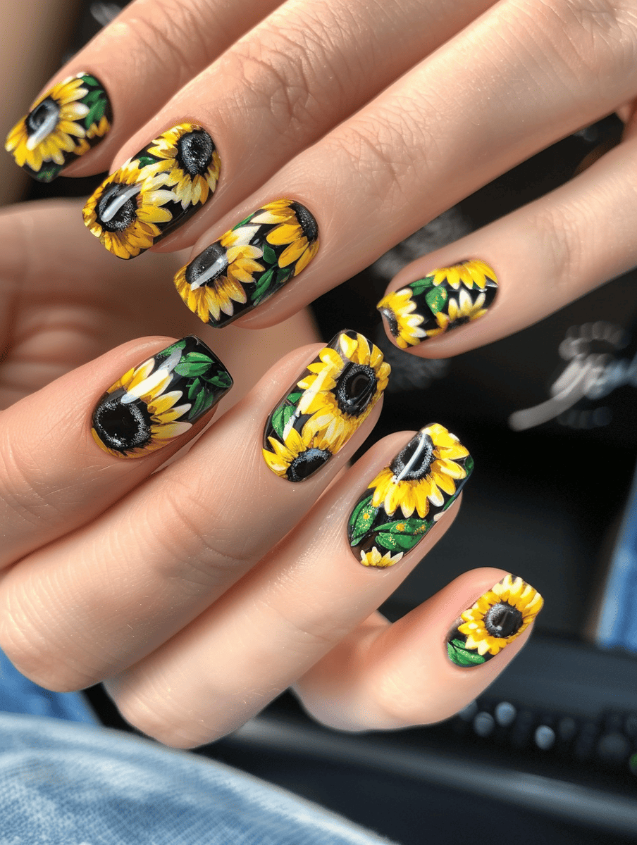 floral nail design on short nails with yellow sunflowers