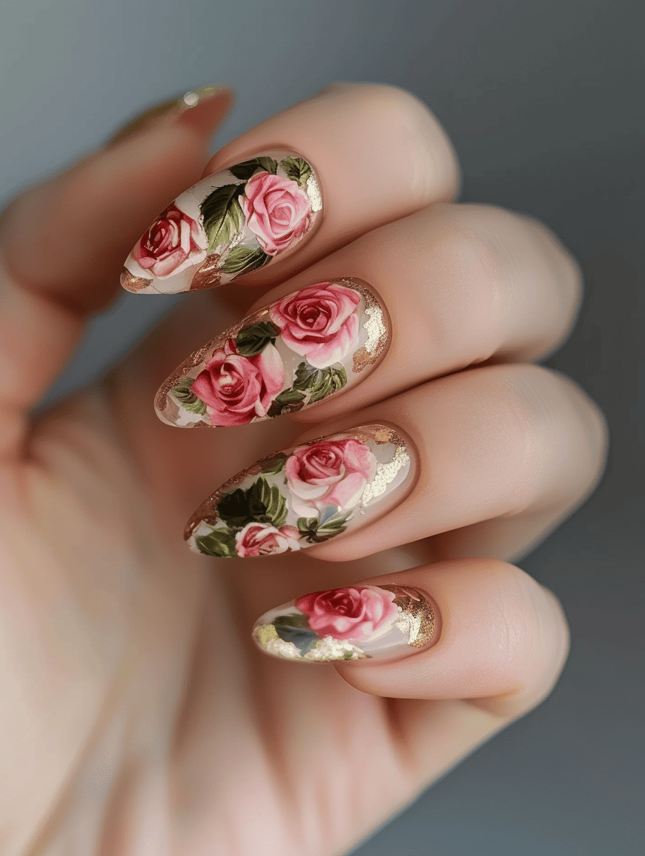 
floral nail design with vintage roses and gold foil details