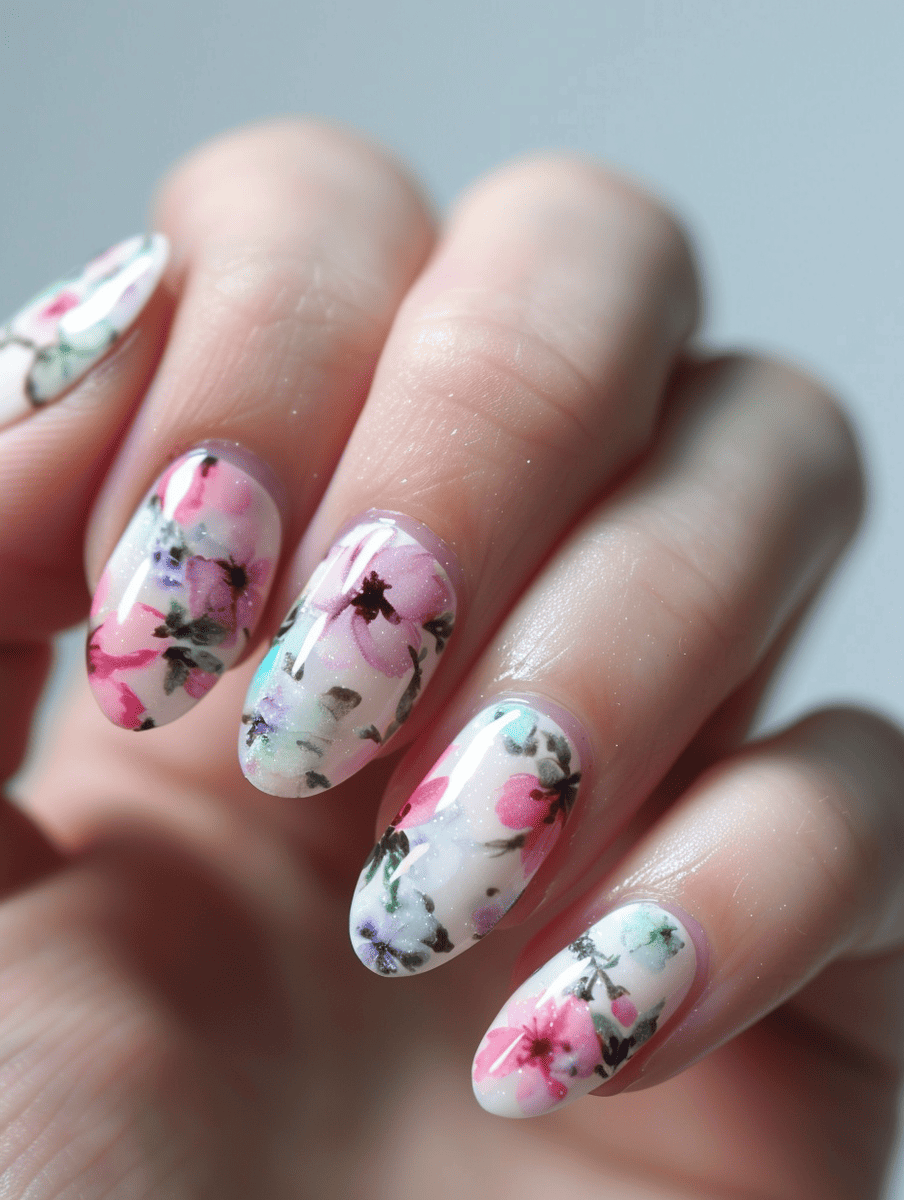  floral nail design with watercolor effect in soft pastels
