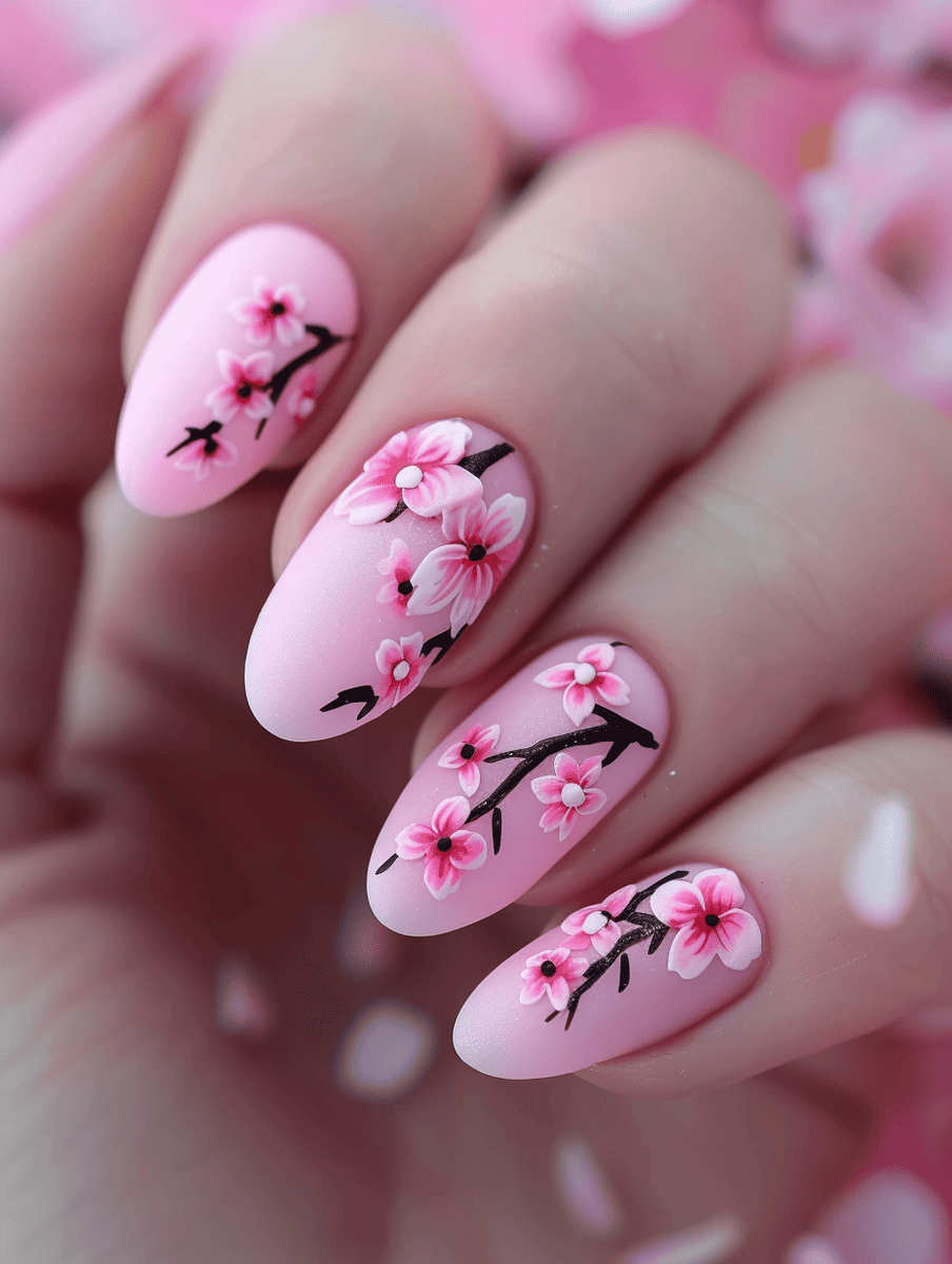floral nail design with matte pink base and cherry blossoms