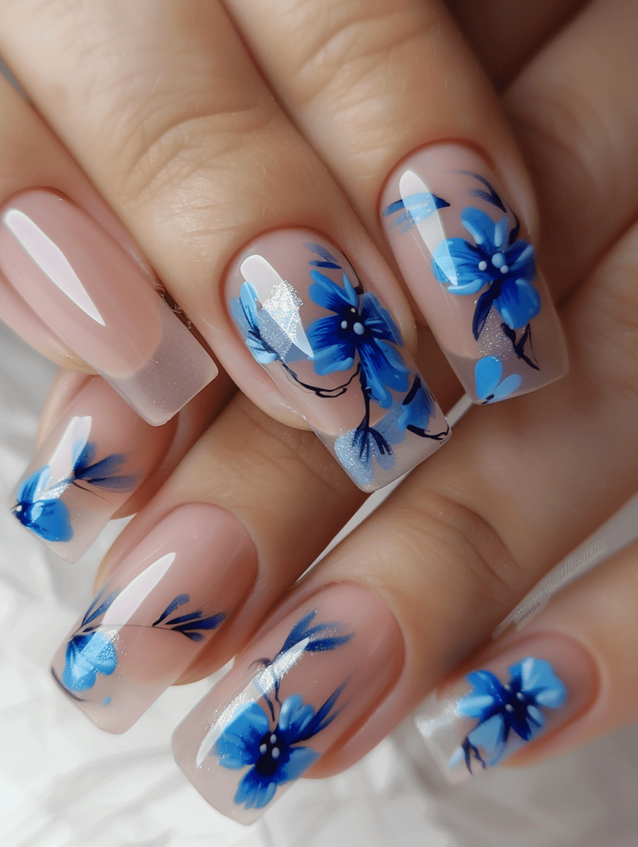 floral nail art design with blue floral accents on a sheer base