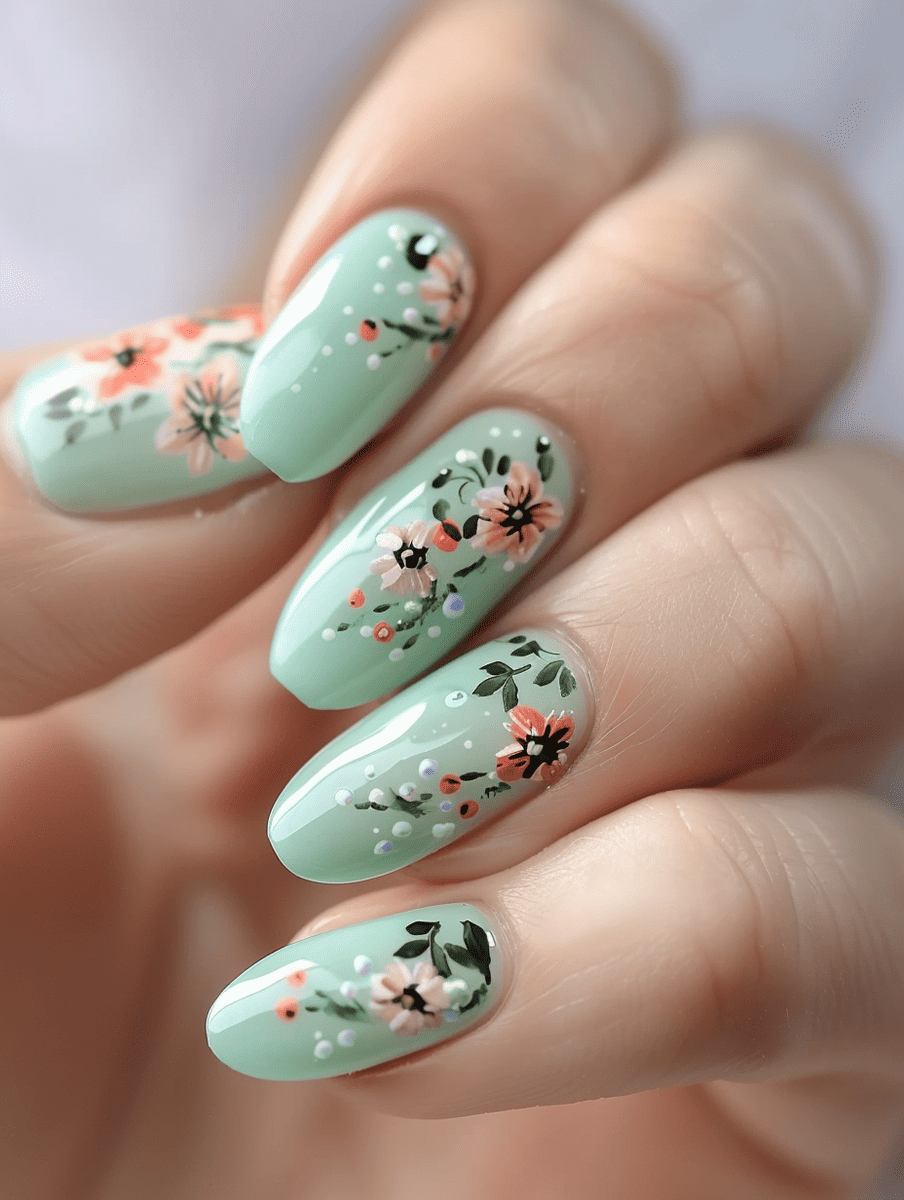floral nail art design. dainty designs. pastel green base