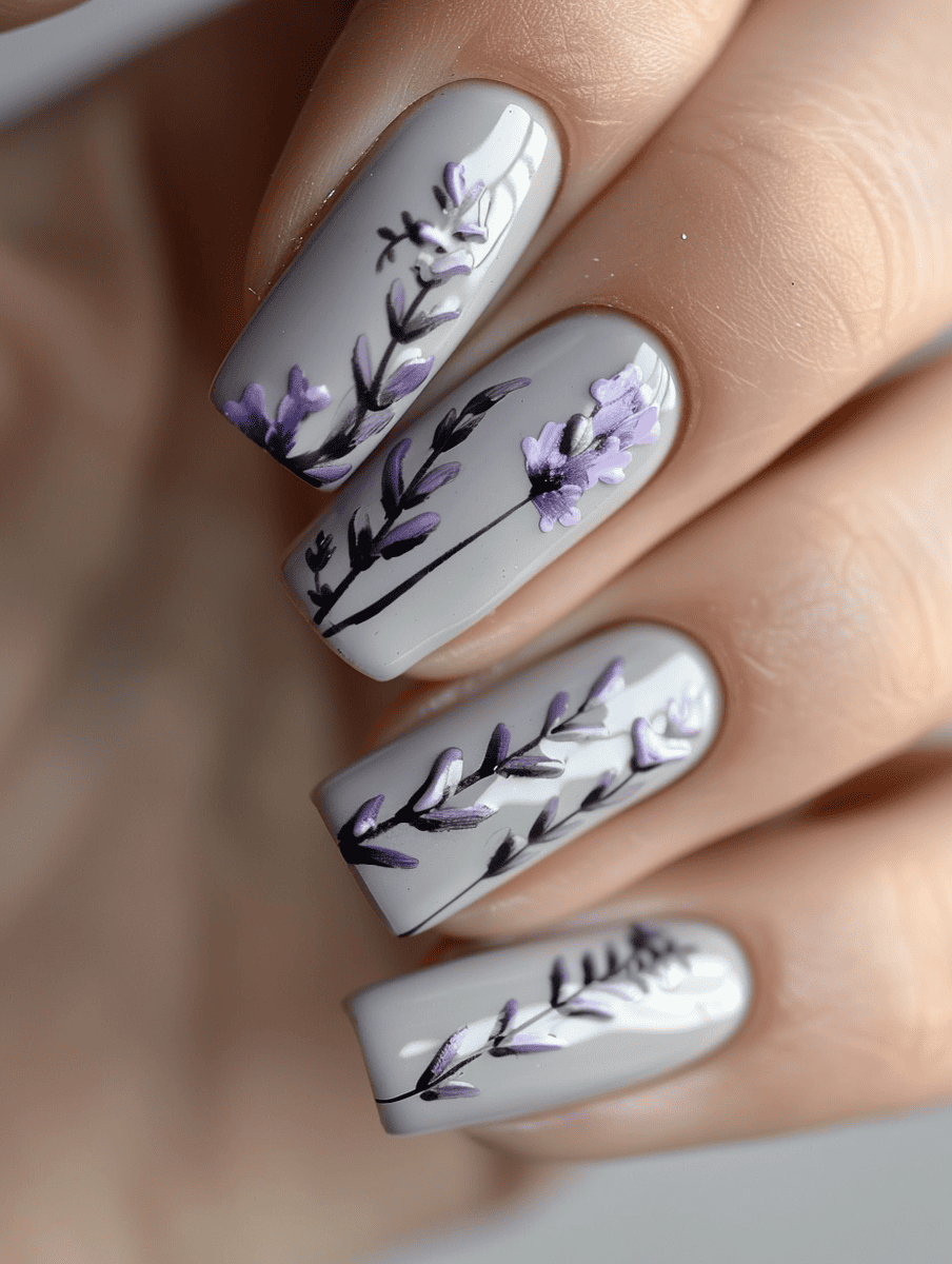  floral nail art design with lavender sprigs on a soft gray base