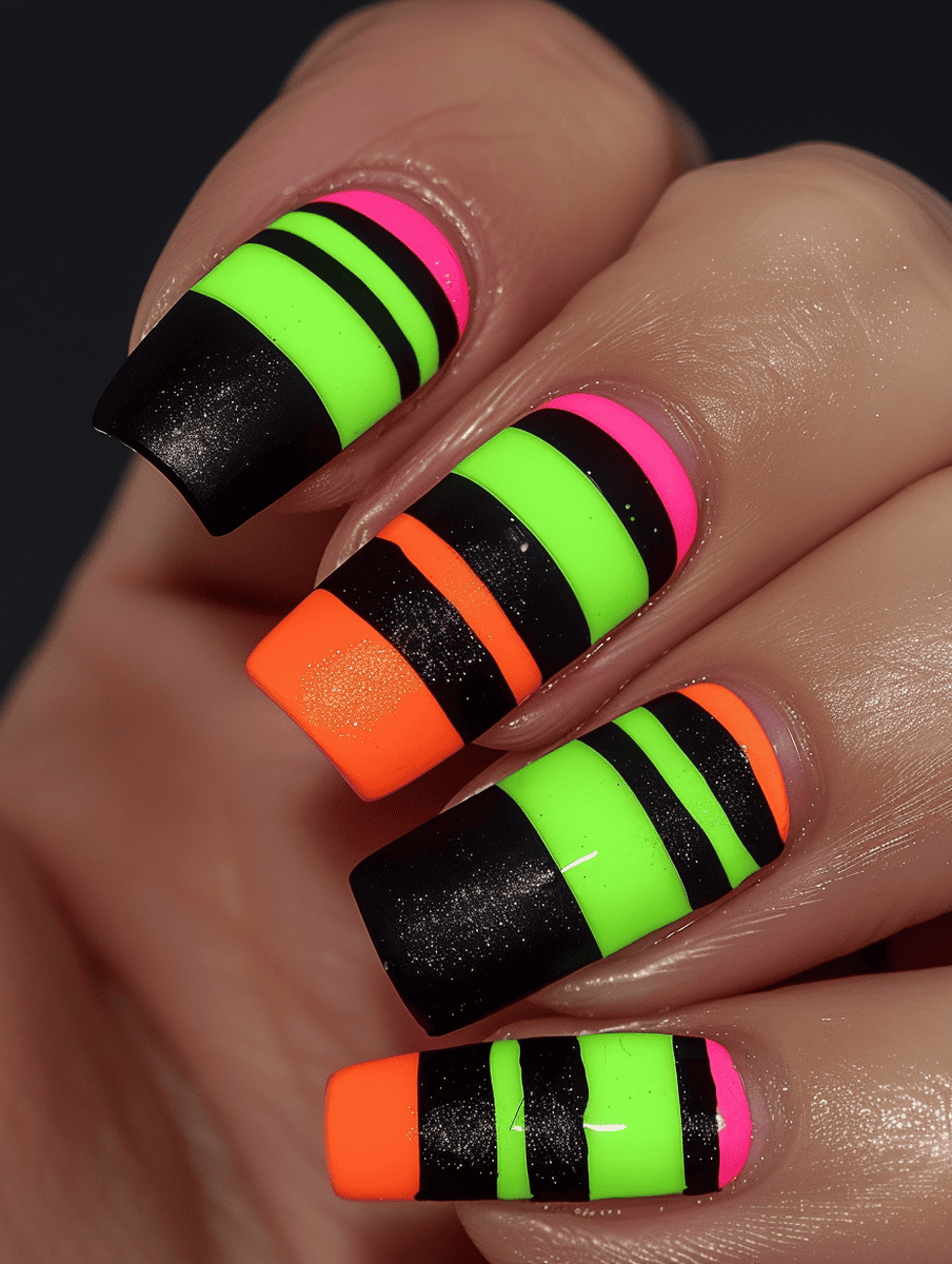 neon nail art. bright neon stripes on matte black base