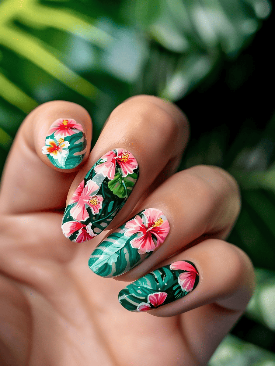 floral nail design with tropical hibiscus flowers and green leaves
