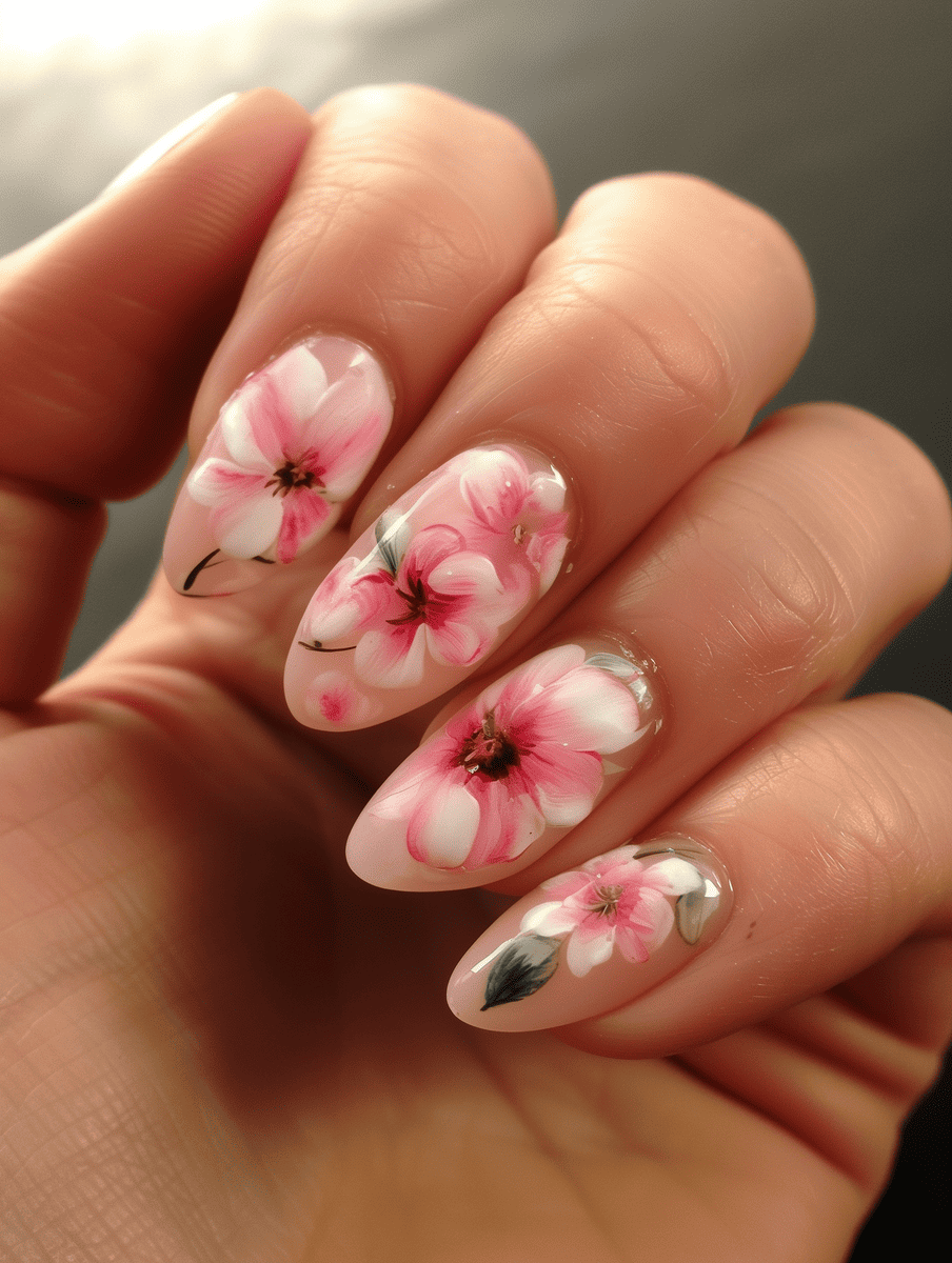 floral nail design with soft pink and white peony petals