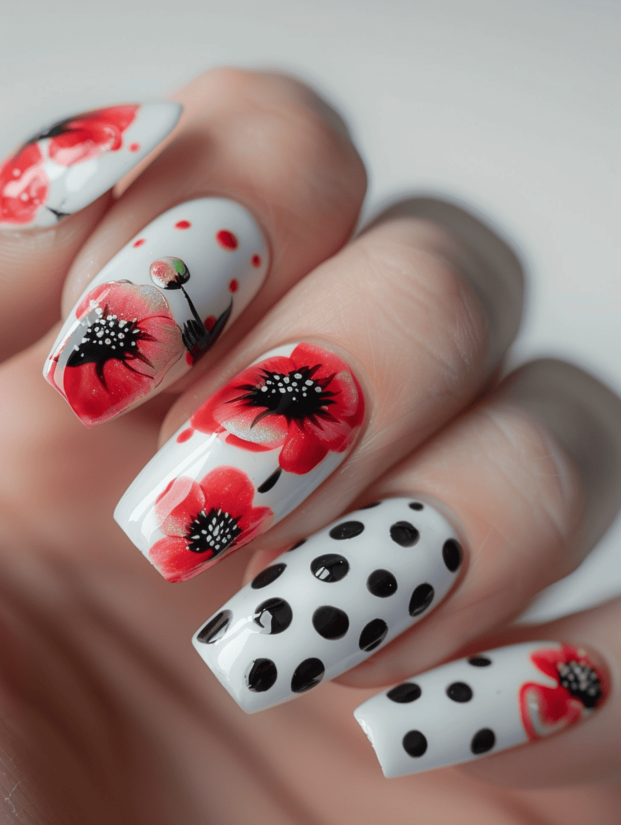floral nail design  with Poppies and polka dots 