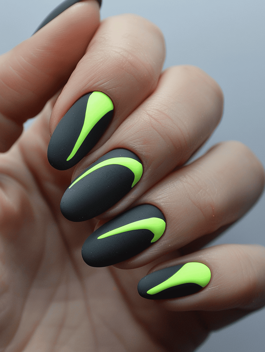 matte nail design in charcoal grey with neon accents