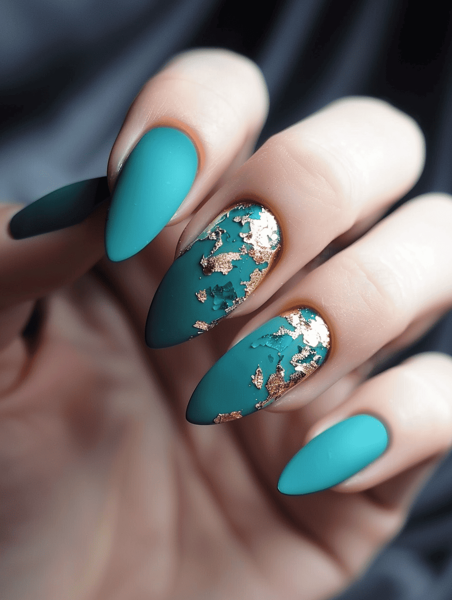 matte nail design in turquoise with gold foil