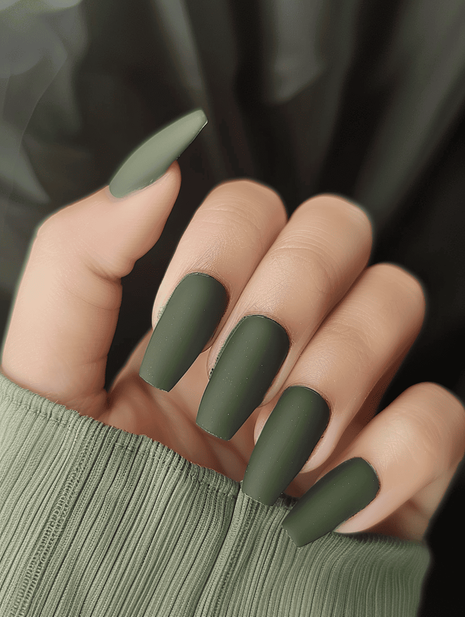 matte nail design in olive green 