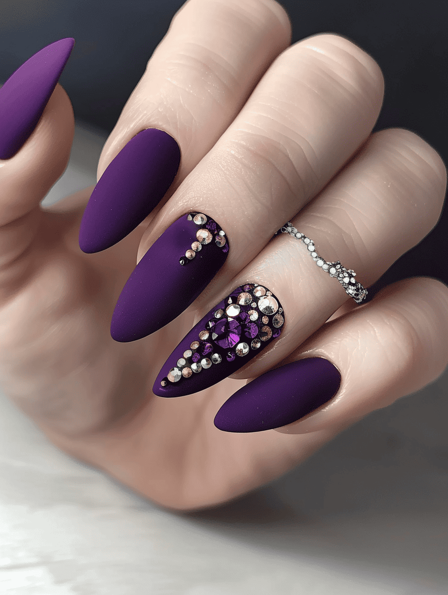 matte nail design in royal purple with crystal embellishments