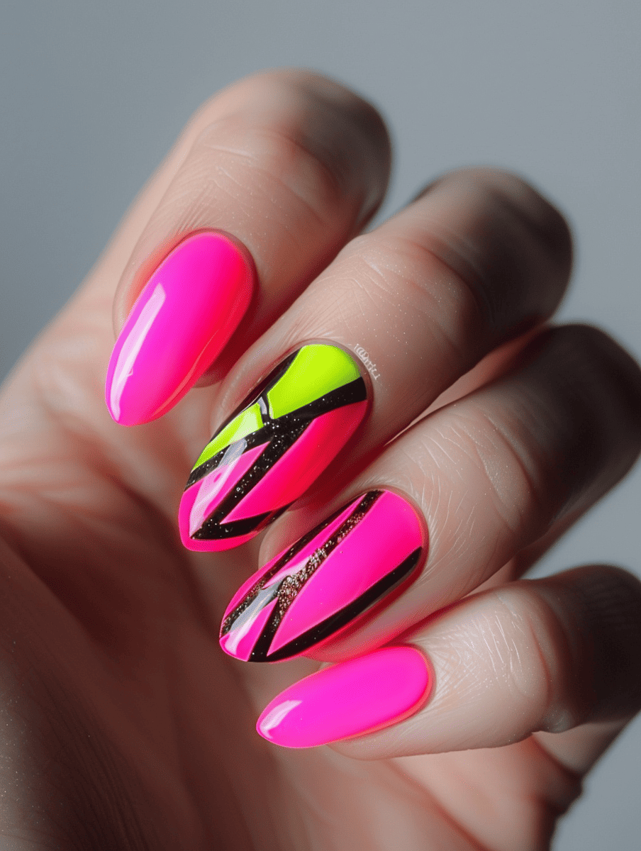 neon nail art. fluorescent pink with neon yellow geometric accents