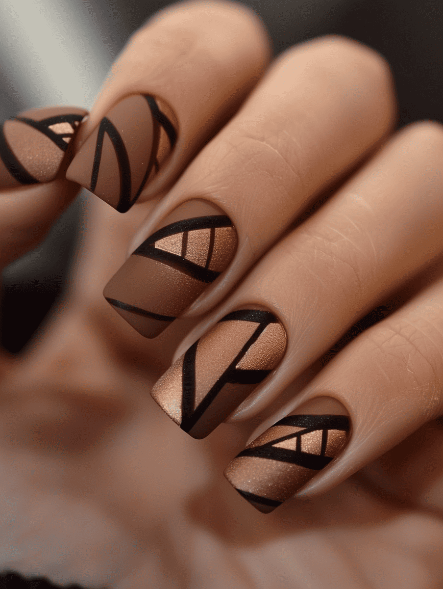 matte nail design in brown with geometric patterns