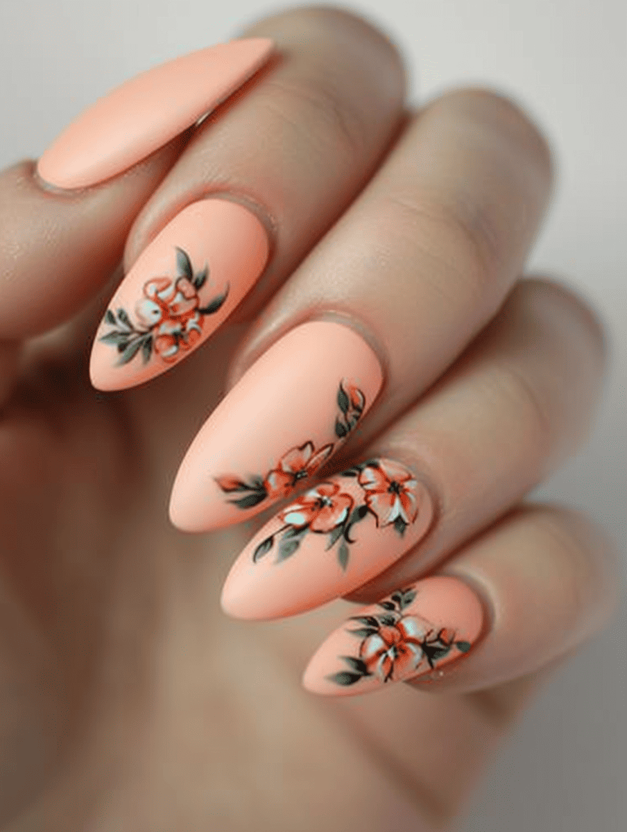 matte nail design in peach with floral decals