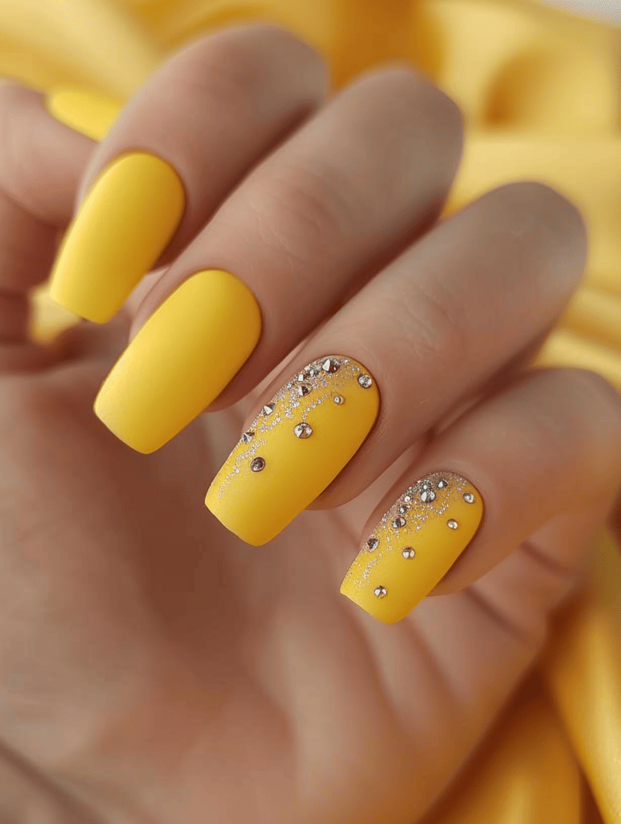 matte nail design in canary yellow with silver dots