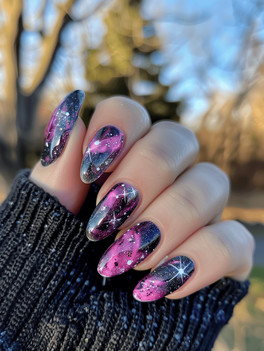galaxy nail design. nebula with pink hues