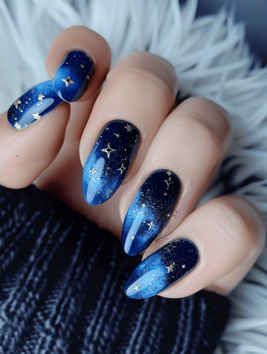 galaxy nail design. classic starry night with deep blues and sparkling stars