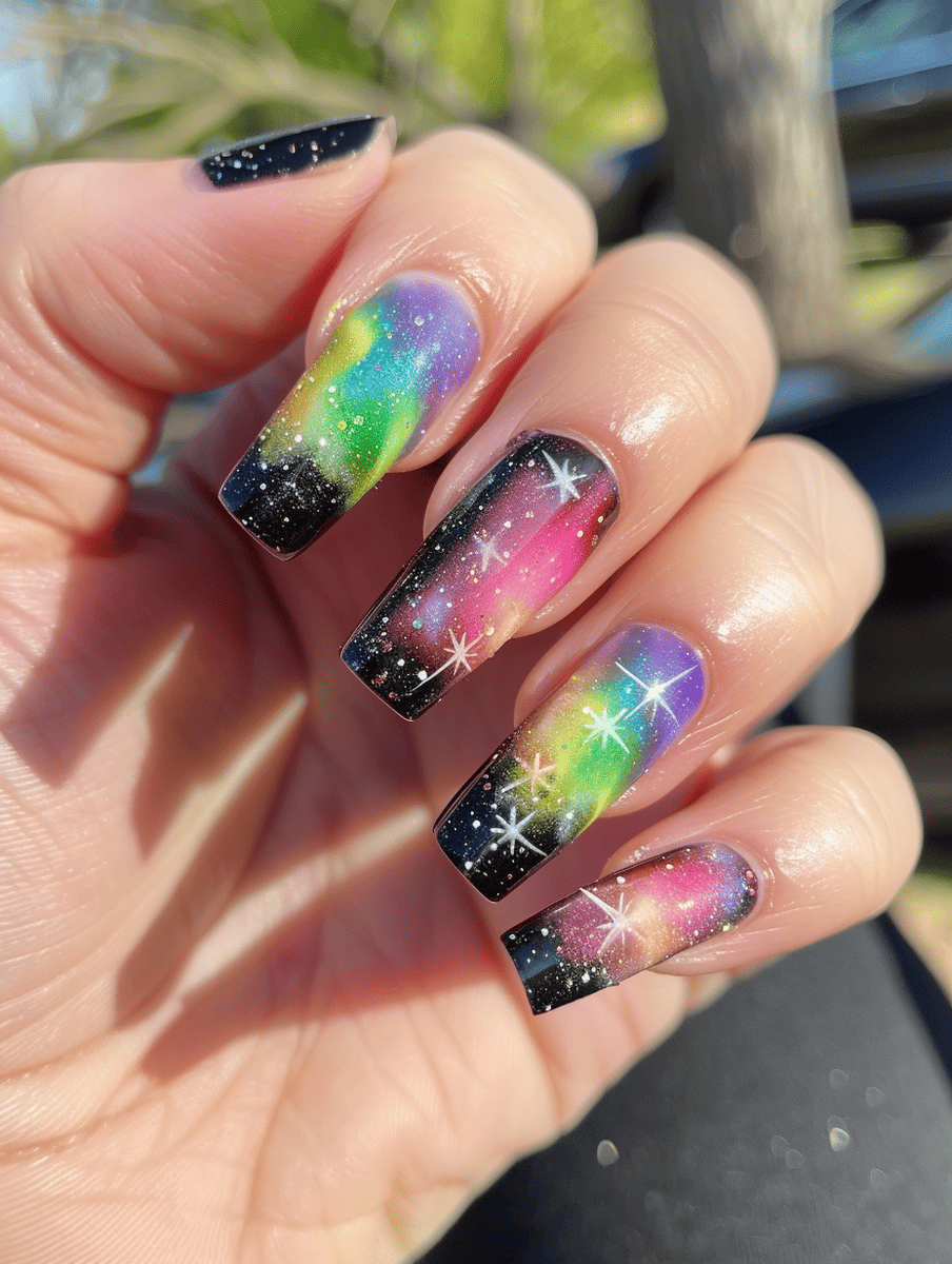 galaxy nail design. aurora borealis inspired with vibrant colors