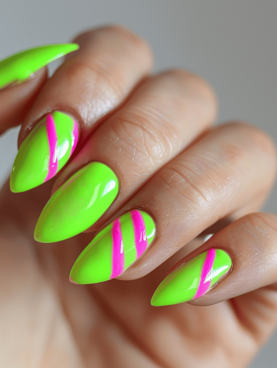  neon nail art. neon green with hot pink diagonal stripes