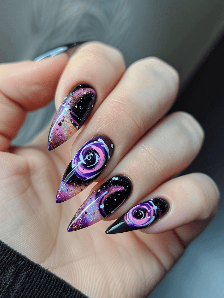 galaxy nail design. black hole inspired with swirling design