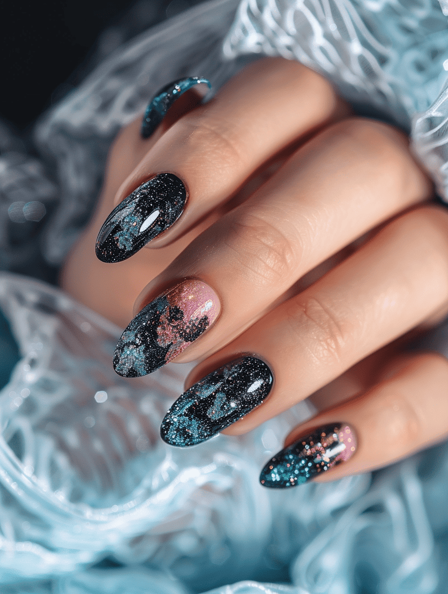 galaxy nail design. cosmic dust with fine glitter