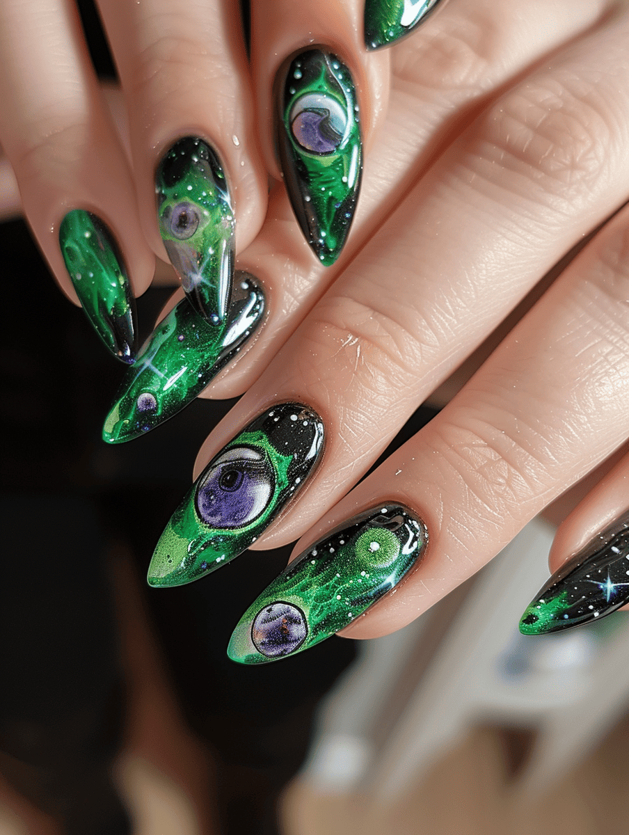 galaxy nail design. alien planet with vivid green accents