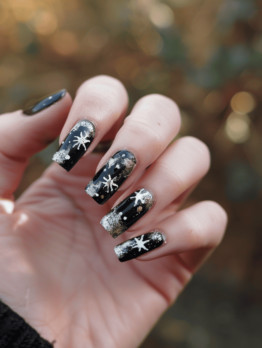 galaxy nail design. shooting stars with silver accents