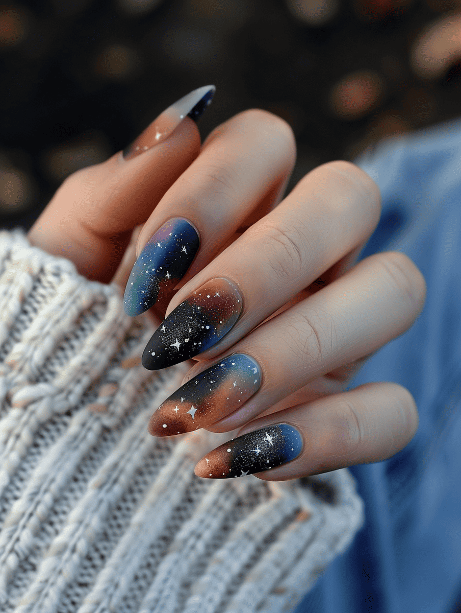 galaxy nail design. solar eclipse themed with matte finish