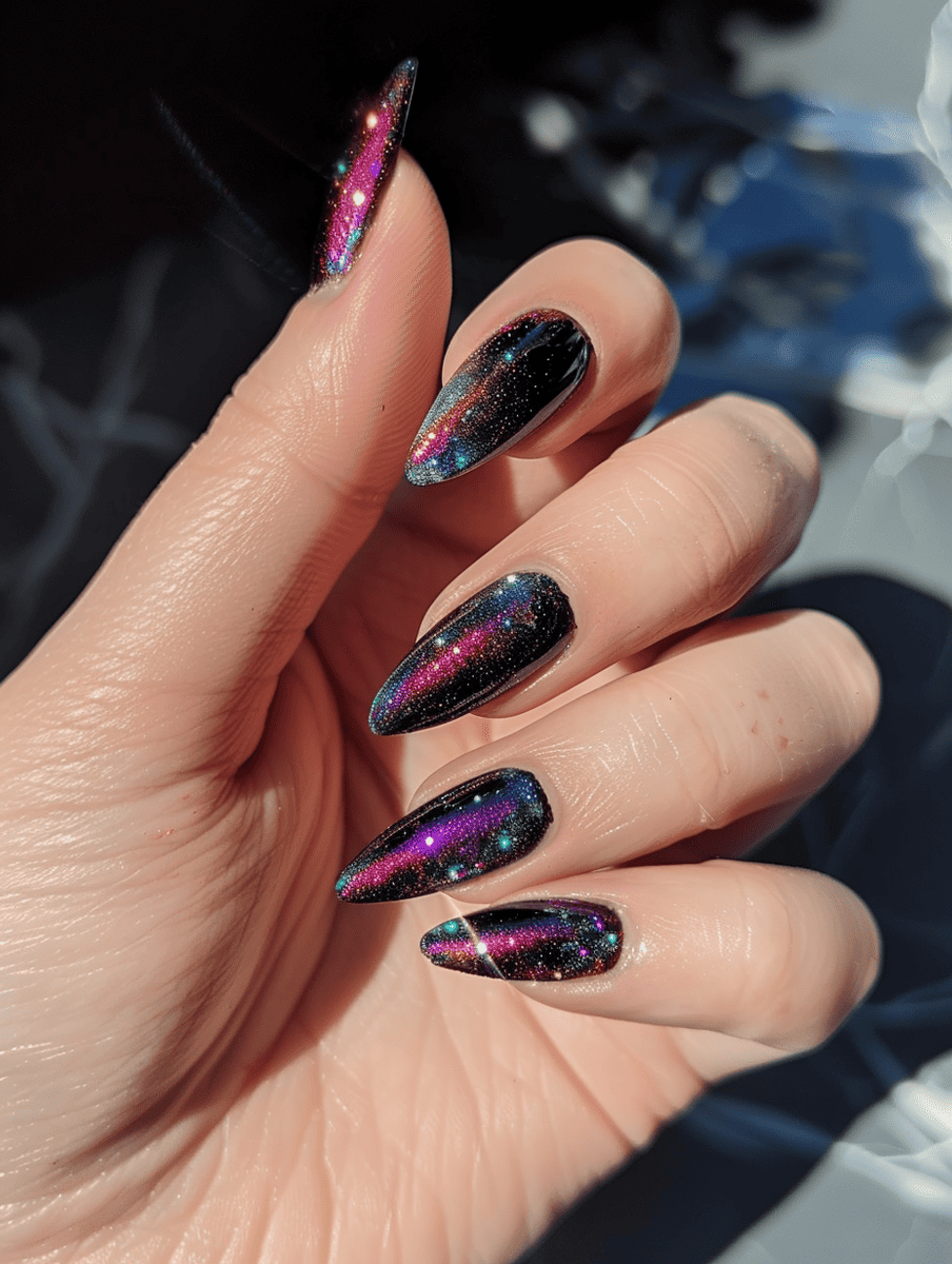 galaxy nail design. comet tail inspired with crystal embellishments 