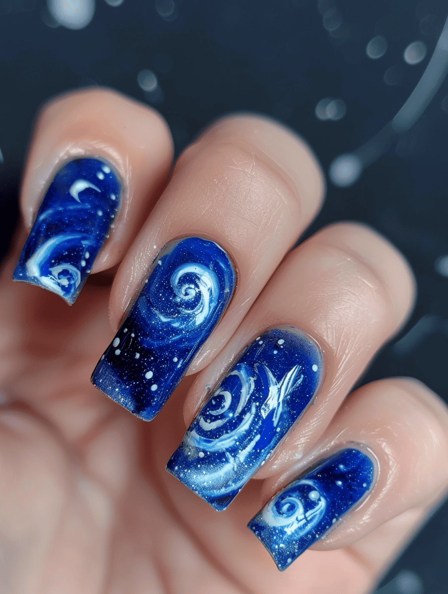 galaxy nail design. interstellar cloud with blue and white swirls