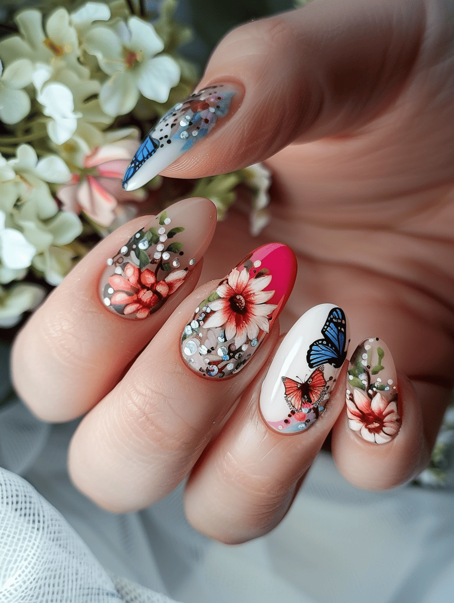 floral nail art design with butterflies and blossoms