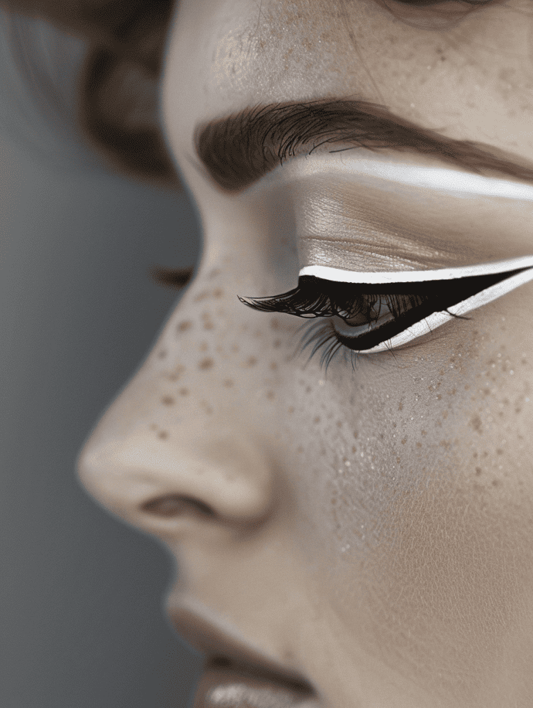 White eyeliner on waterline and upper lash line connected at outer corner, charcoal grey liner below lower lashes and winged above white liner on upper lid 
