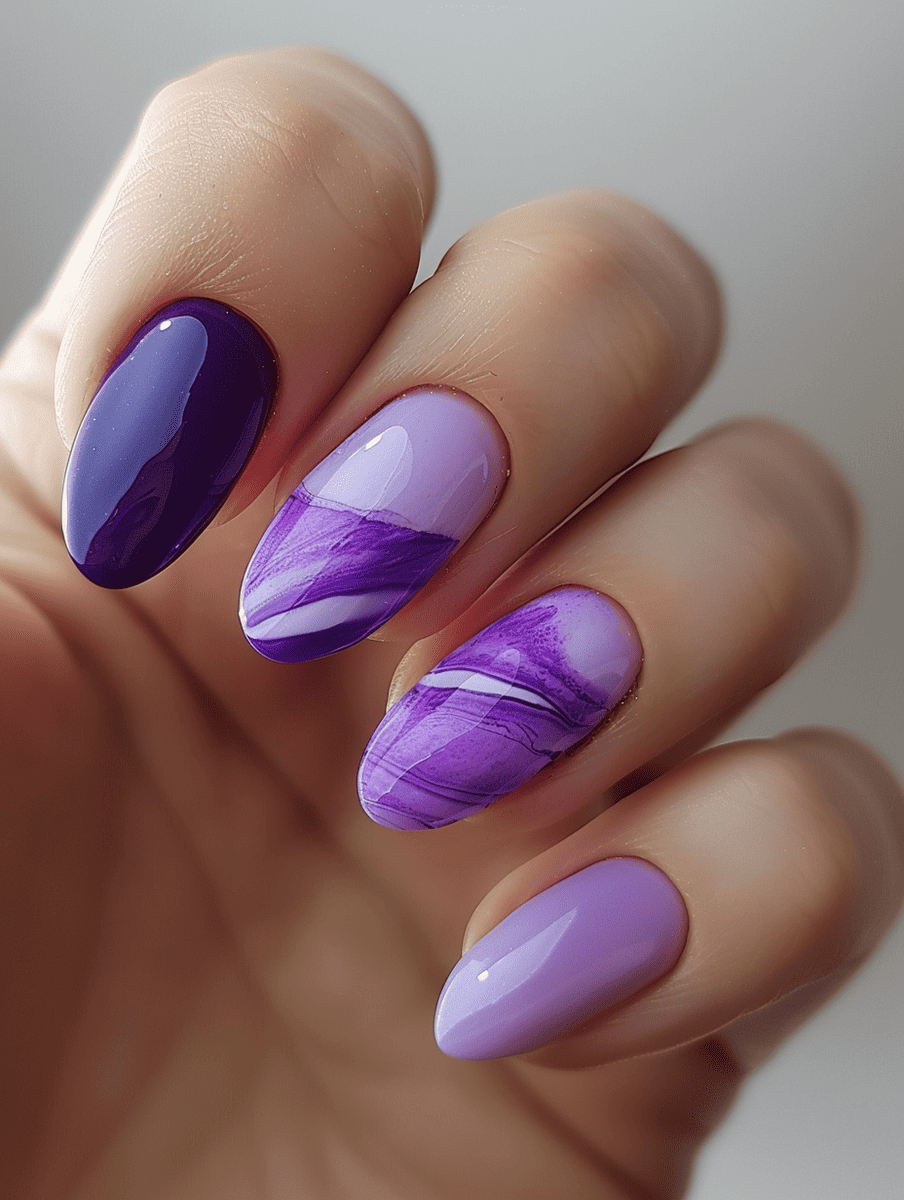  two-tone nail design. violet and soft lilac marble effect