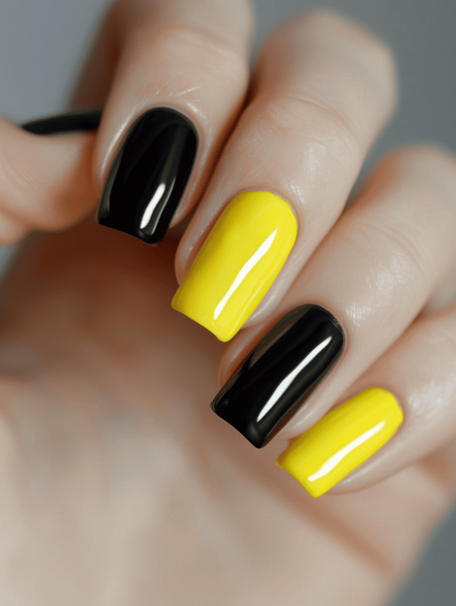  two-tone nail design. bright yellow and black