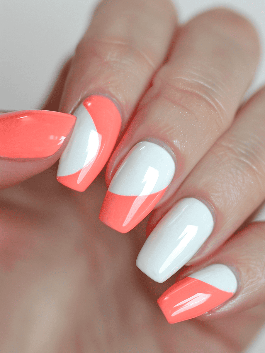  two-tone nail design. coral and white 