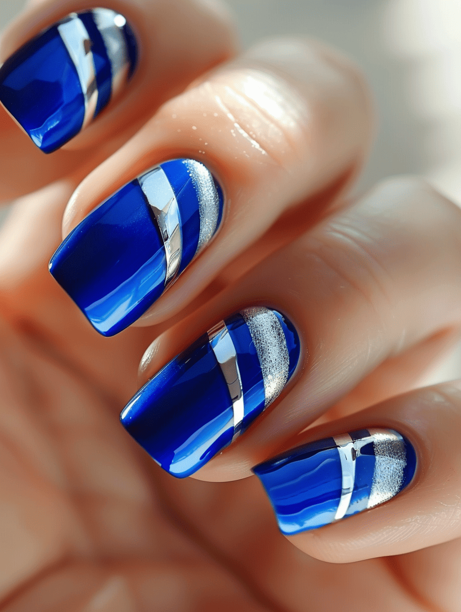  two-tone nail design. electric blue and metallic silver stripes