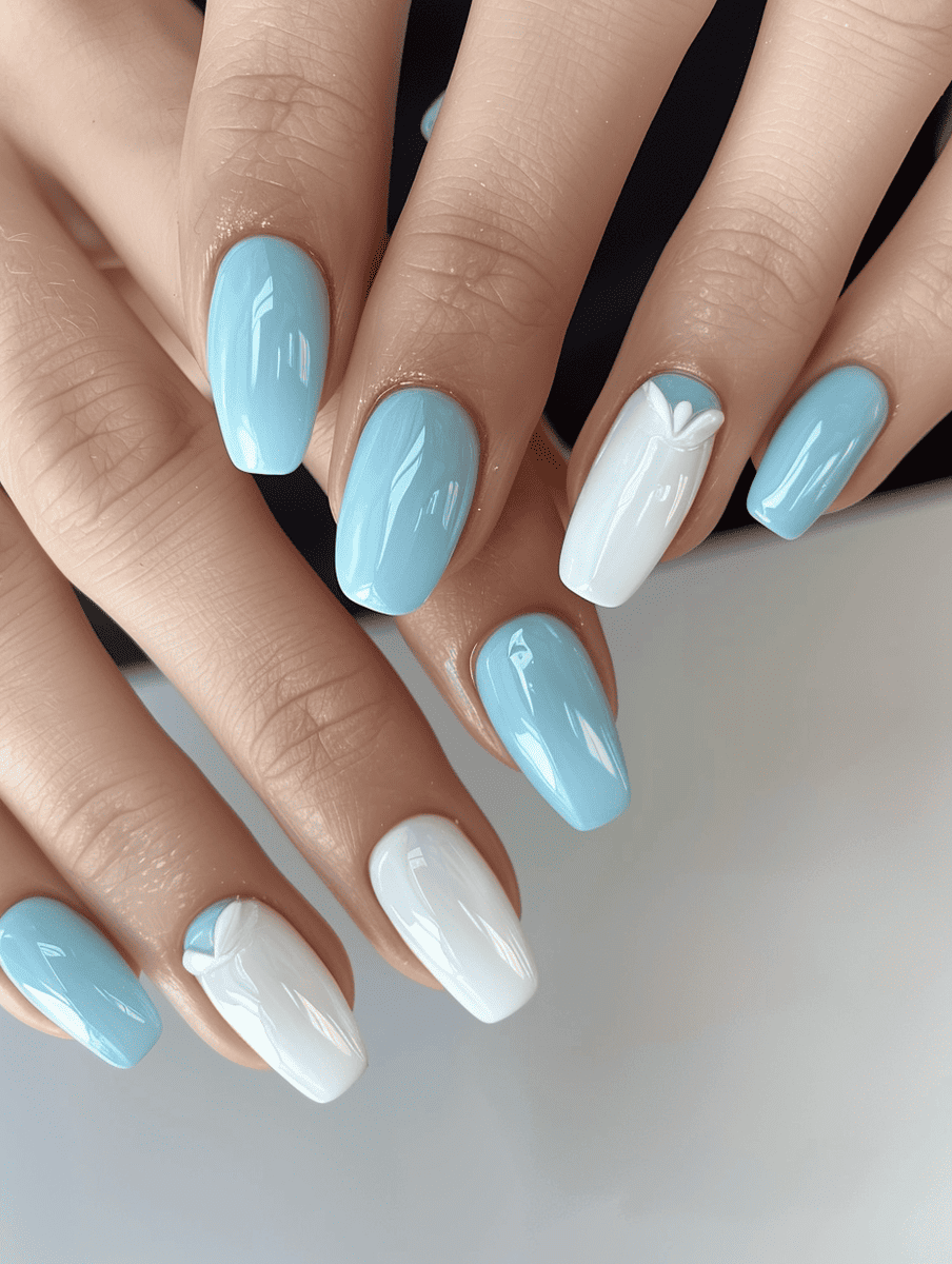 two-tone nail design. sky blue and pearly white