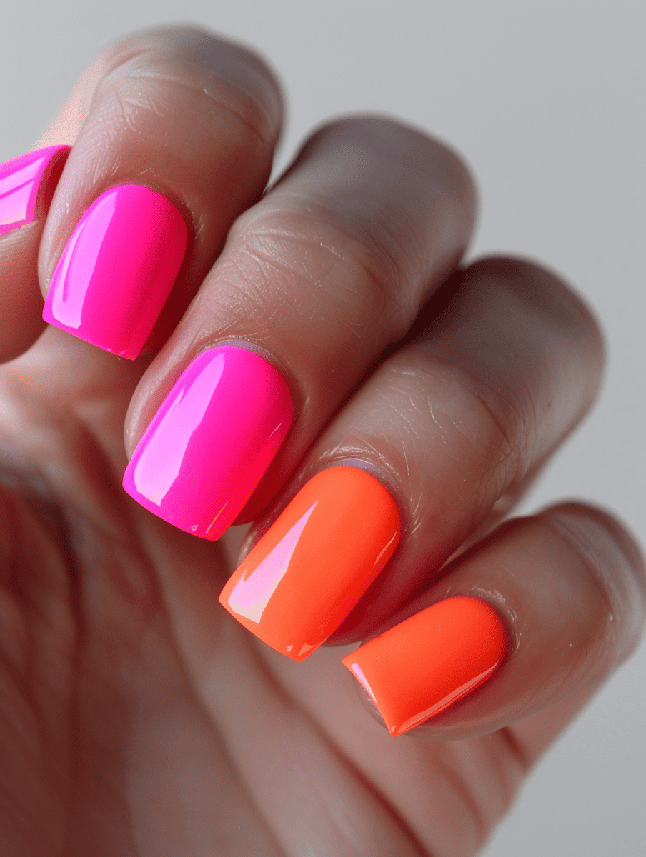  two-tone nail design. neon pink and orange